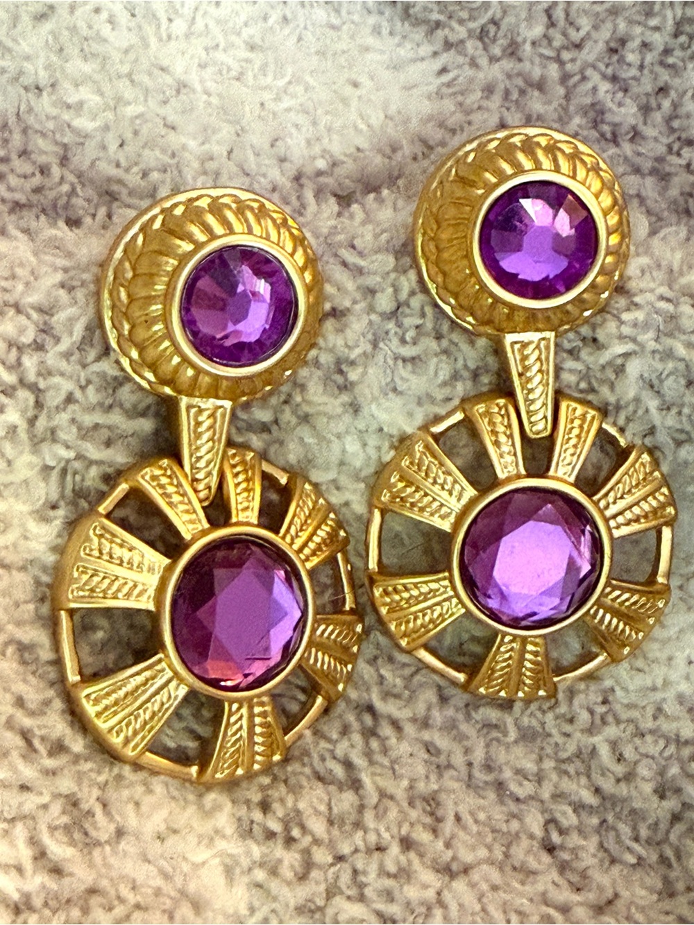 Vintage Robert Rose Museum Gold Purple Crystal Roman Dangle Disc Earrings - Post - Picture 8 of 11